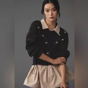 Anthropologie Maeve Embellished Twofer Pullover Collared Sweatshirt Size XS
